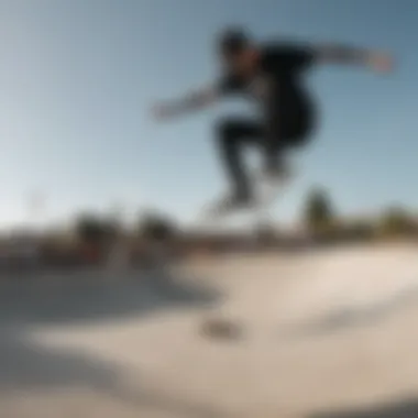 A skateboarder performing tricks in Vans footwear at a skate park