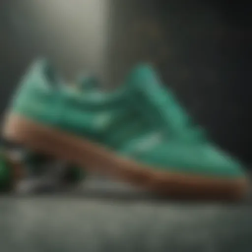 Close-up of Adidas green skate shoes showcasing unique design elements