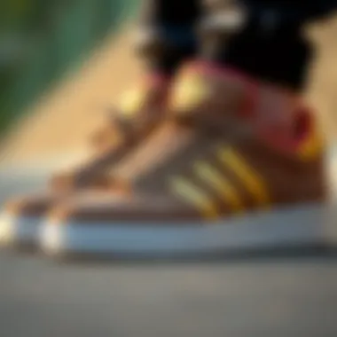 The Elegant Detail of Gold Stripes Close-up of adidas shoes featuring gold stripes