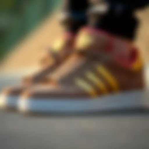 The Elegant Detail of Gold Stripes Close-up of adidas shoes featuring gold stripes