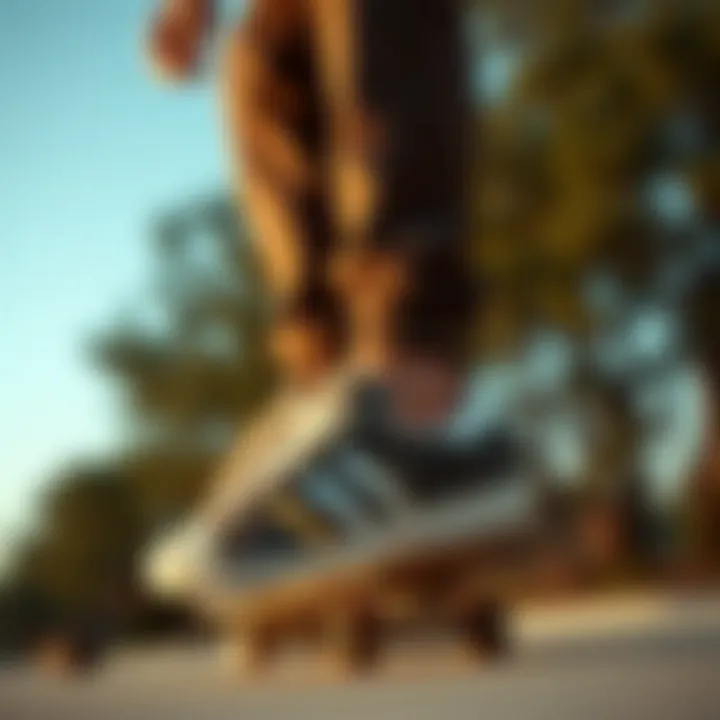 Embodying Style and Function in Action Skateboarder showcasing adidas shoes with gold stripes