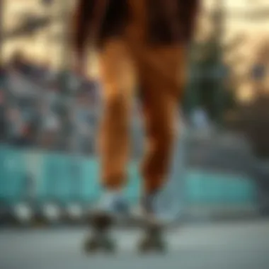 Skateboarder in Adidas Tan Sweatpants A skateboarder showcasing style while wearing Adidas tan sweatpants