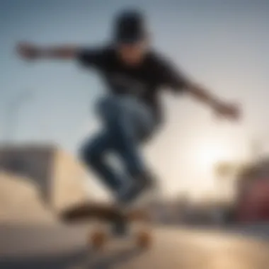 Skateboarder in Action with Snapback Hat A skateboarding enthusiast confidently wearing an all mesh snapback hat while performing a trick.