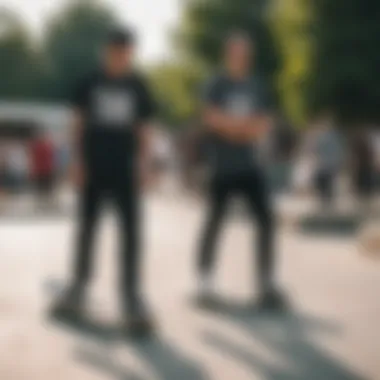 Skateboarders wearing Amplified T-Shirts at a vibrant skate park