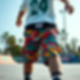 Stylish 2XL shorts displayed in a vibrant skate park setting