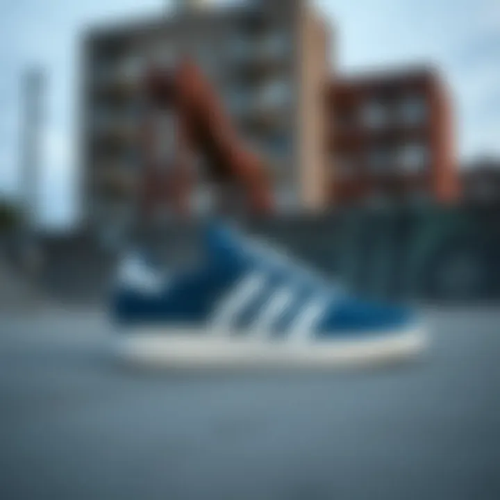 Navy Adidas Shoes in Skate Park Environment Navy Adidas skate shoes showcased in an urban skate park setting