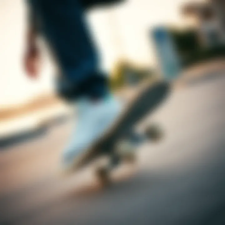 Skateboarding with White Adidas Shoes Skateboarder performing a trick wearing white Adidas shoes, emphasizing performance and style