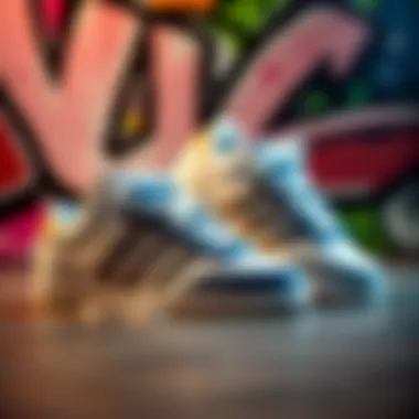 Artistic Display of Adidas Shoes with Graffiti Background Stylish arrangement of white and navy Adidas shoes against a vibrant graffiti backdrop