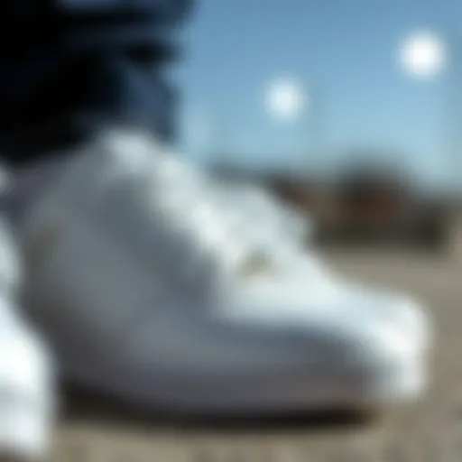 Close-up view of white Adidas skate shoes highlighting their intricate design and craftsmanship