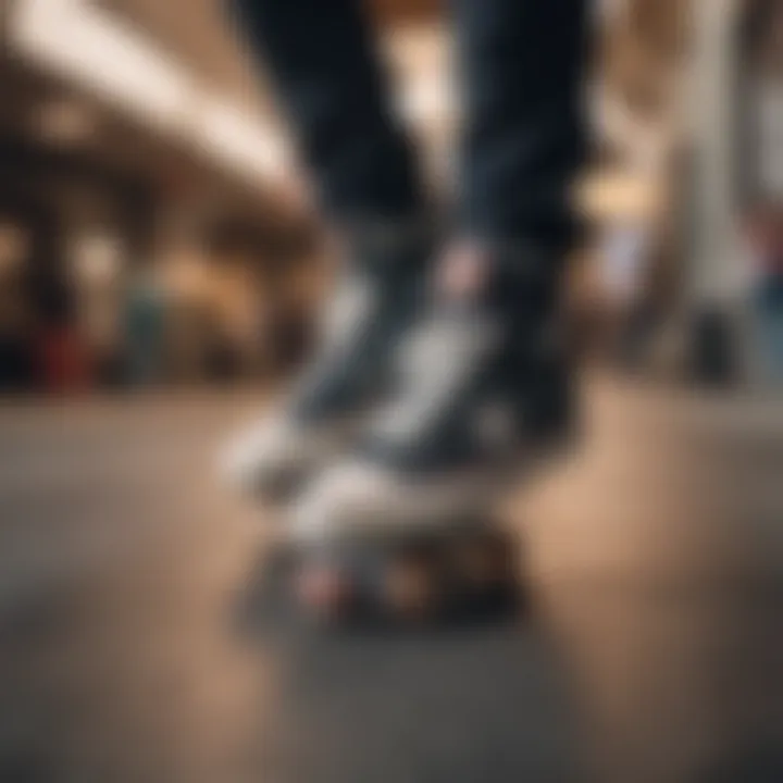 An urban scene with a skateboarder wearing All Star shoes.