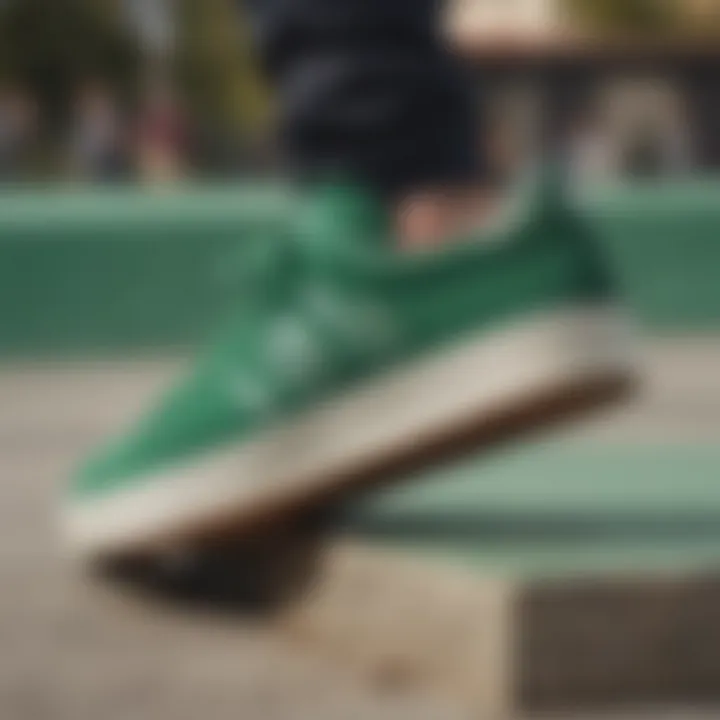 Artistic representation of collegiate green Adidas shoes in a skate park setting