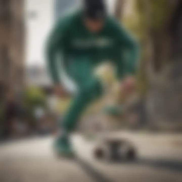 Skateboarder wearing collegiate green Adidas shoes performing a trick