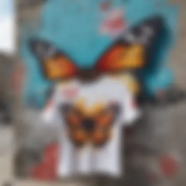 A vibrant antisocial butterfly shirt displayed against a graffiti-covered wall, symbolizing the fusion of fashion and street art.