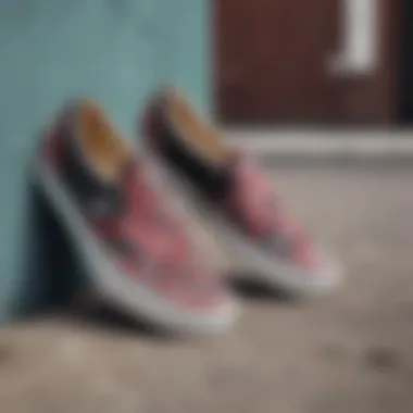 Urban Aesthetic and Street Culture Collection of Bandana Classic Slip-On Vans displayed creatively on a street art background