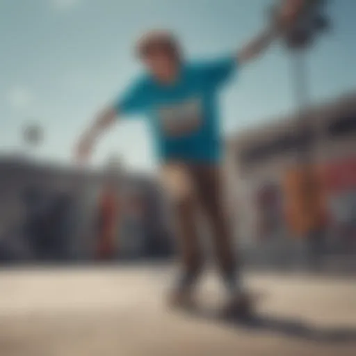 A skateboarder in a vibrant colored t-shirt performing a trick