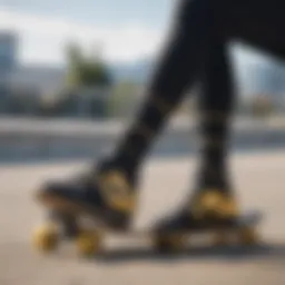 Close-up of black and gold Nike socks on a skateboard deck