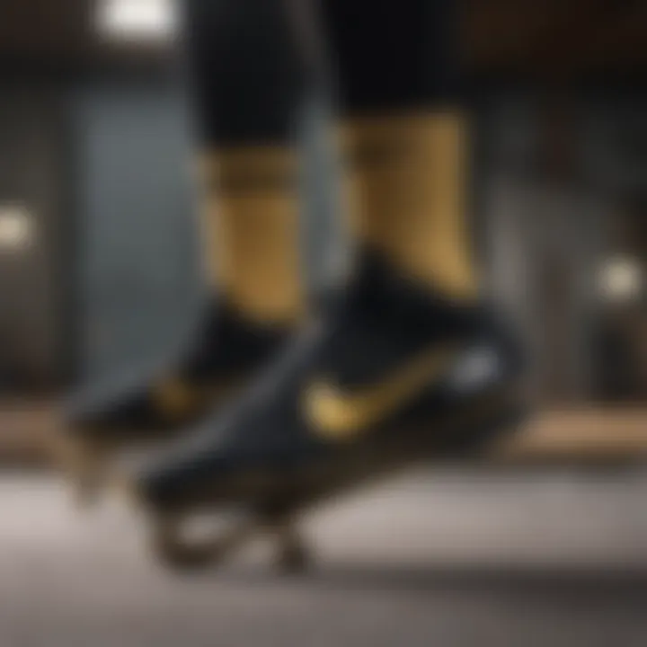 Close-up of the materials used in black and gold Nike socks