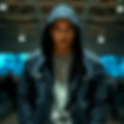 Stylish black hooded denim jacket on display