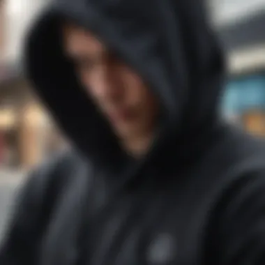 Close-up of the Black Mike hoodie logo and branding elements