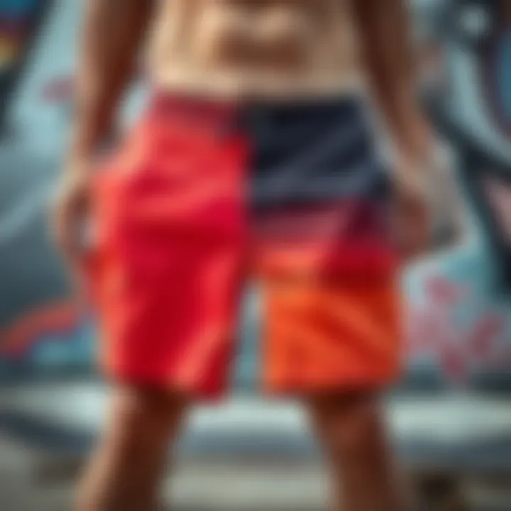 Stylish Expression in Skate Culture Vibrant skate shorts displayed against a graffiti backdrop