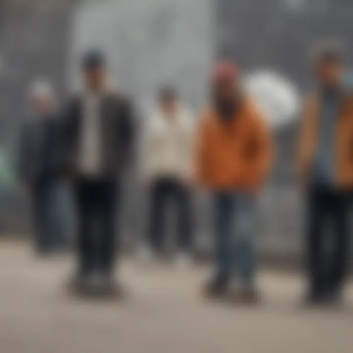 A group of skateboarders wearing Brixton flat caps in an urban skate park setting