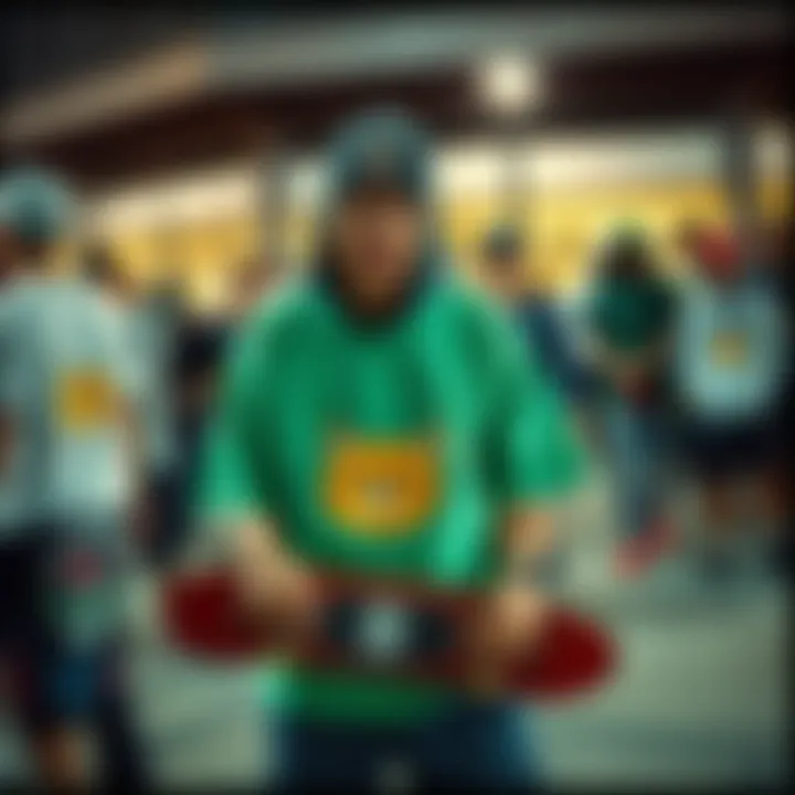 A community gathering featuring skaters and fans sporting Ripndip apparel, highlighting the brand's influence on youth identity and camaraderie.