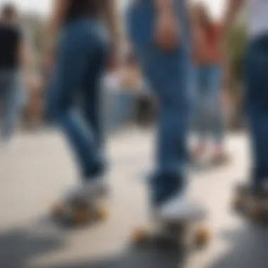 Group of skaters showcasing diverse styles with loose blue jeans