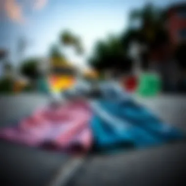 A pair of iconic Converse shorts laid out against a vibrant skate park backdrop.