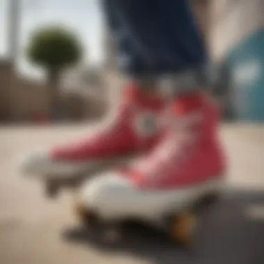 A pair of worn Converse Slip On High Tops resting on a skateboard