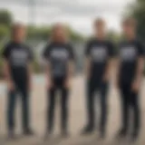 A group of teenagers showcasing their cool t-shirts in a skatepark