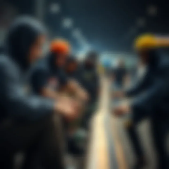 Group of skaters collaborating on custom skateboard projects