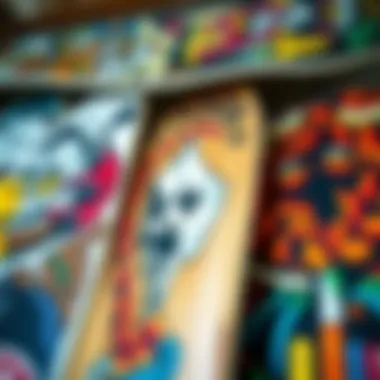 Detailed view of unique skateboard graphics and art styles