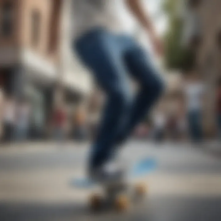 A skateboarder performing a trick wearing loose blue jeans