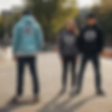 Skaters wearing DC hoodies in an urban skate park setting