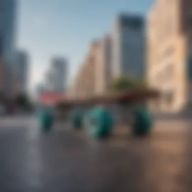 Ecomobl skateboard parked against a backdrop of a vibrant cityscape