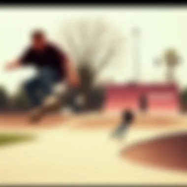 An iconic skate park scene showcasing skaters performing tricks in a vintage environment.