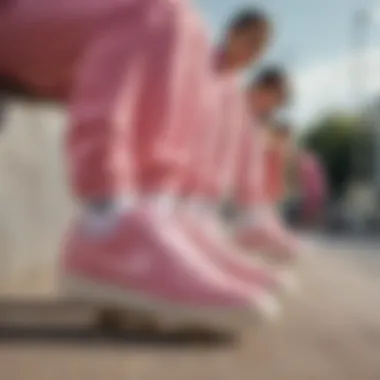 Group of diverse skaters wearing pink suede Nike shoes