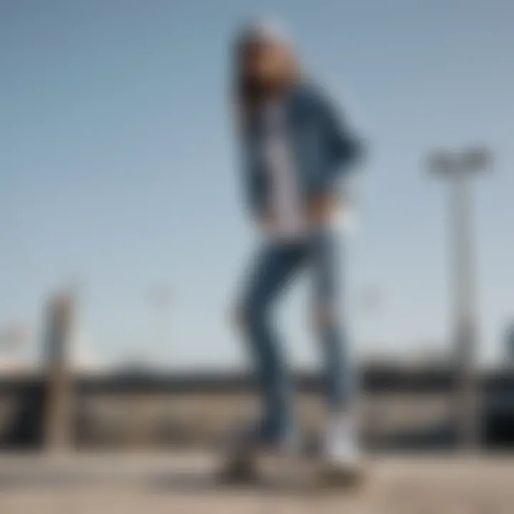 Fashionable pairings of acid wash jeans with skate attire