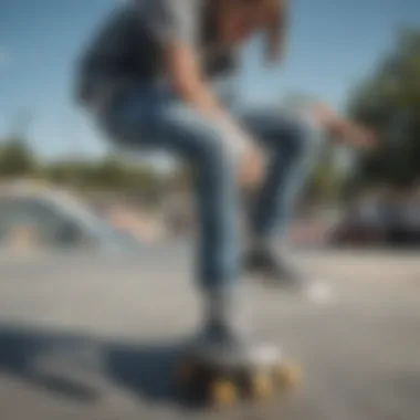 Skateboarder wearing acid wash jeans at a skate park