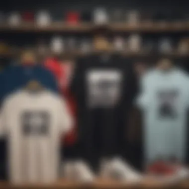 Display of various adidas skateboarding t-shirt styles and colors.