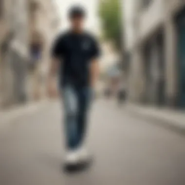 A skateboarder wearing an adidas t-shirt in an urban environment.