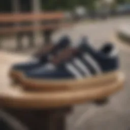 Adidas Tyson skateboarding shoes on a park bench