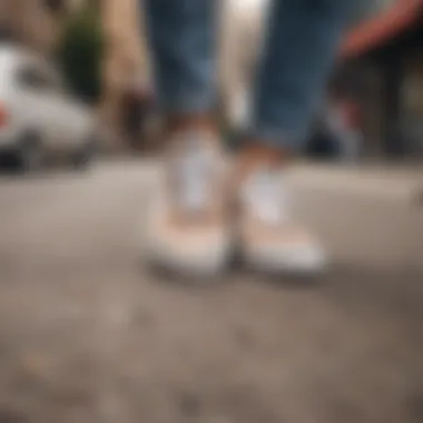 Stylish individual showcasing tan and white checkered Vans in urban setting