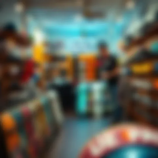 A dynamic skate shop interior showcasing various skateboard brands and gear