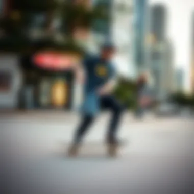 A skateboarder enjoying a ride in an urban setting with skate gear