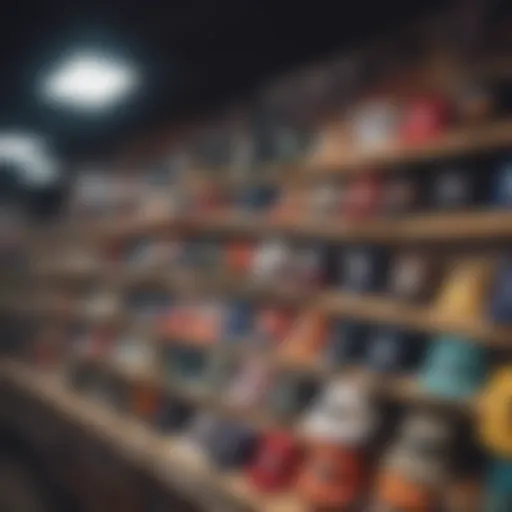 A vibrant collection of bucket hats displayed in a trendy skate shop.