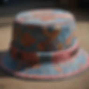 A close-up of a stylish bucket hat with unique patterns and designs.