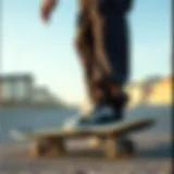 Fashionable black fleece sweatpants on a skateboard