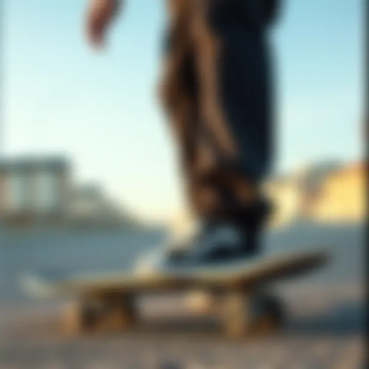 Fashionable black fleece sweatpants on a skateboard