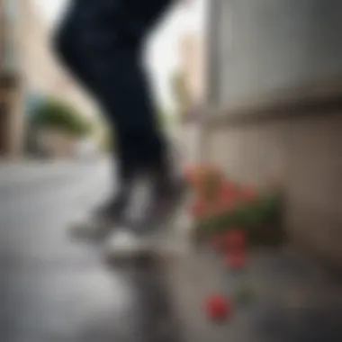 Skateboarder wearing black floral Converse performing a trick in an urban setting